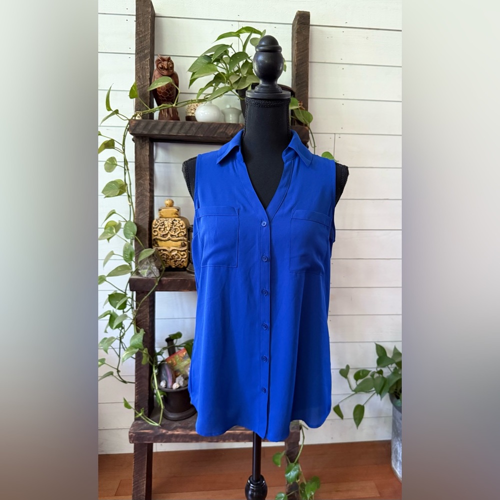 Express: Blue Sleeveless Button-Up Blouse with Cold Shoulder Back - Picture 12 of 17